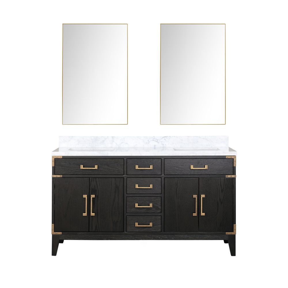 Laurel 60 in W x 22 in. D Black Oak Double Bath Vanity, Carrara Marble Top, and 28 in Mirrors