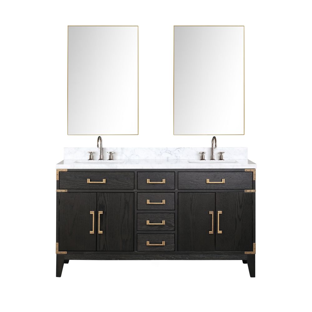 Laurel 60 in W x 22 in. D Black Oak Double Bath Vanity, Carrara Marble Top, Faucet Set, and 28 in Mirrors