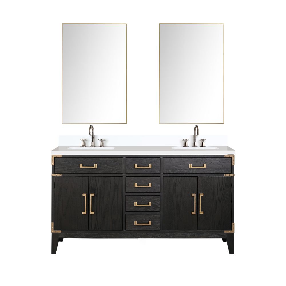 Laurel 60 in W x 22 in. D Black Oak Double Bath Vanity, White Quartz Top, Faucet Set, and 28 in Mirrors
