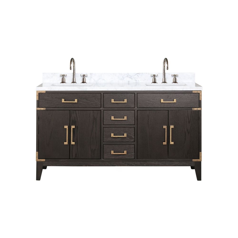 Laurel 60 in W x 22 in. D Brown Oak Double Bath Vanity, Carrara Marble Top, and Faucet Set