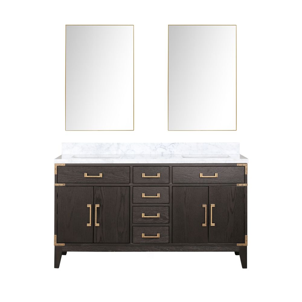 Laurel 60 in W x 22 in. D Brown Oak Double Bath Vanity, Carrara Marble Top, and 28 in Mirrors