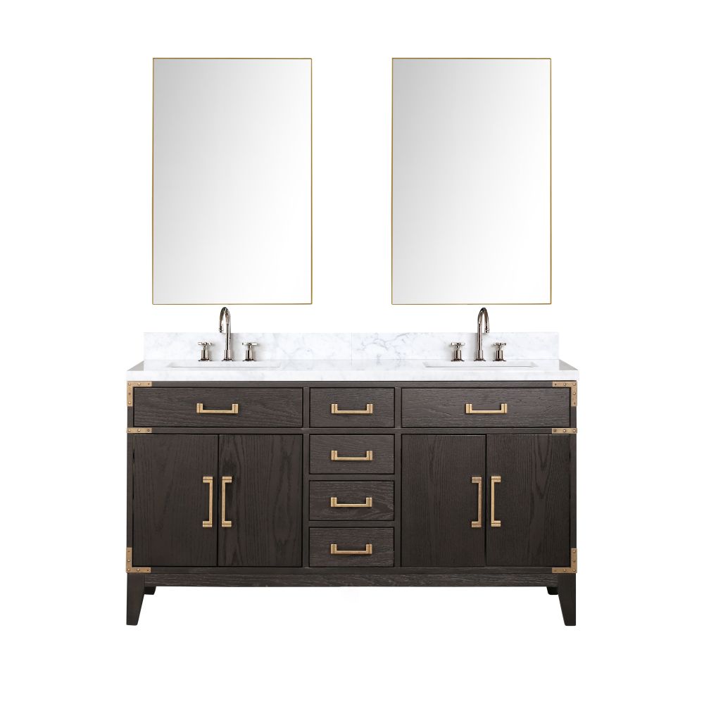 Laurel 60 in W x 22 in. D Brown Oak Double Bath Vanity, Carrara Marble Top, Faucet Set, and 28 in Mirrors