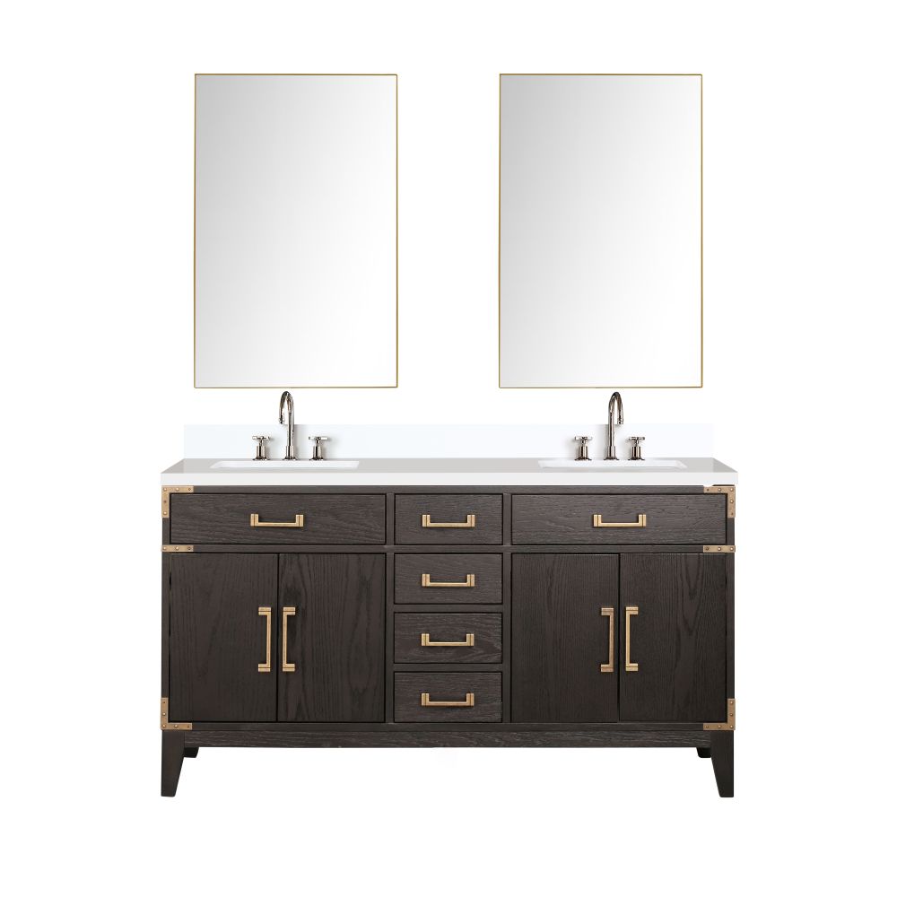 Laurel 60 in W x 22 in. D Brown Oak Double Bath Vanity, White Quartz Top, Faucet Set, and 28 in Mirrors