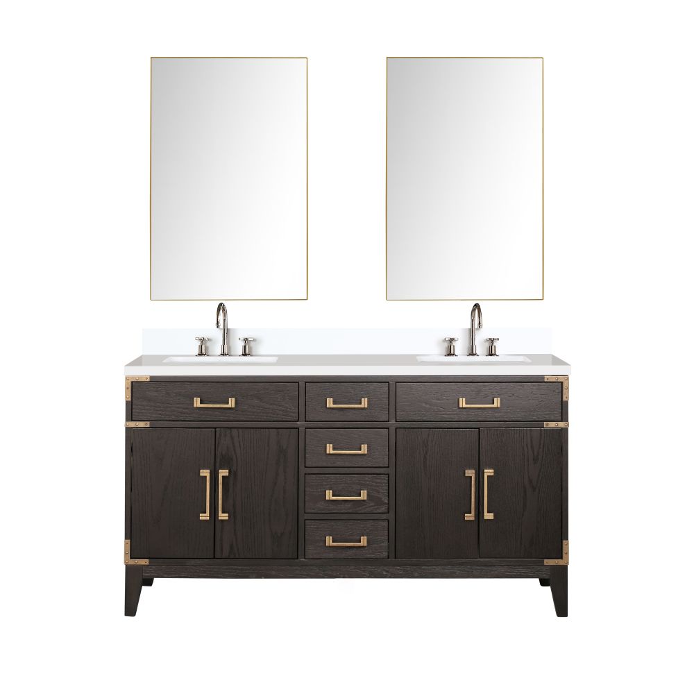 Laurel 60 in W x 22 in. D Brown Oak Double Bath Vanity, Cultured Marble Top, Faucet Set, and 28 in Mirrors