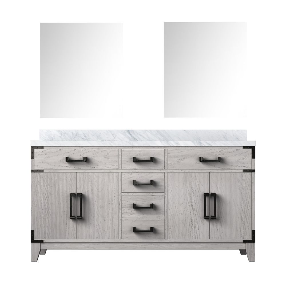 Laurel 60 in W x 22 in. D White Oak Double Bath Vanity, Carrara Marble Top, and 28 in Mirrors