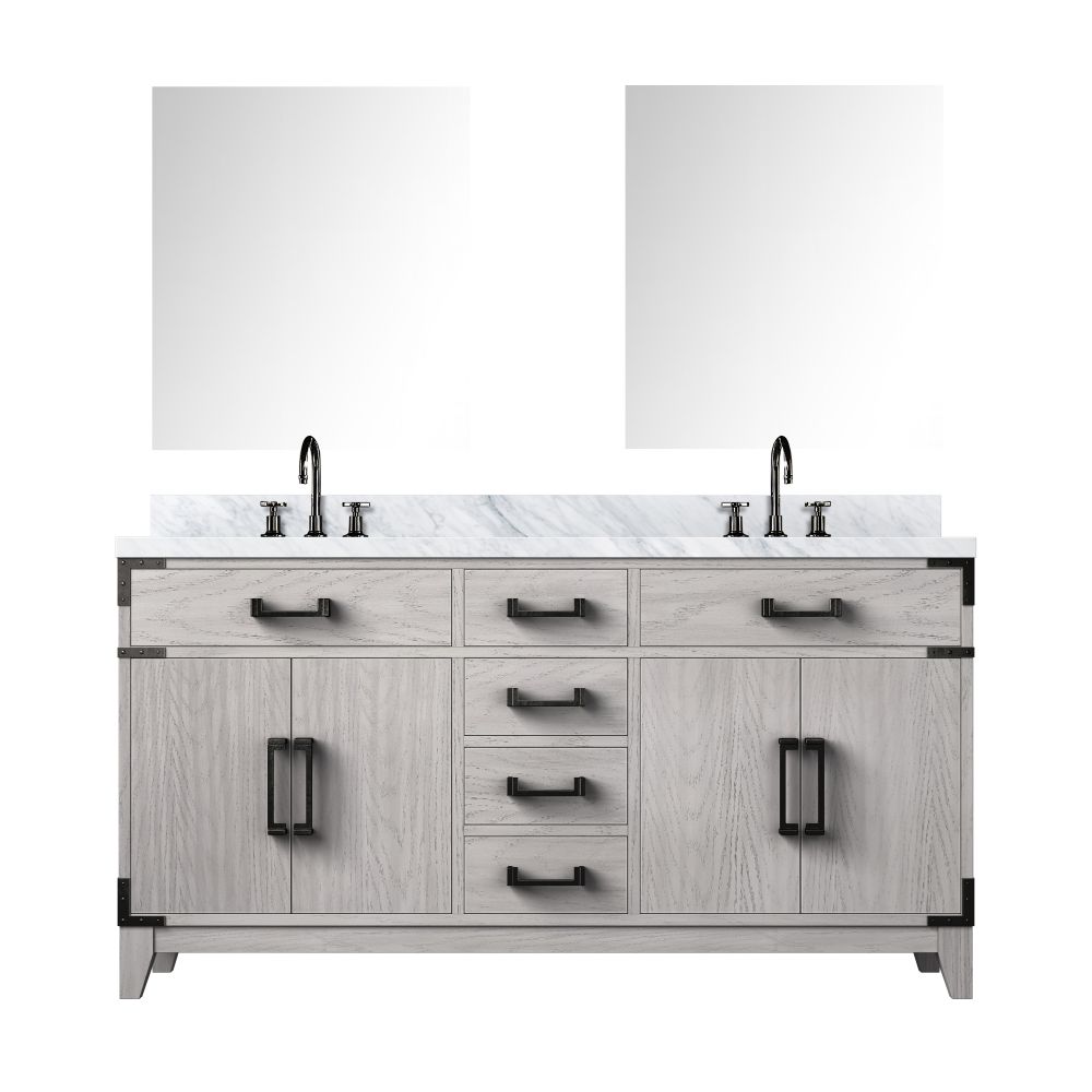Laurel 60 in W x 22 in. D White Oak Double Bath Vanity, Carrara Marble Top, Faucet Set, and 28 in Mirrors