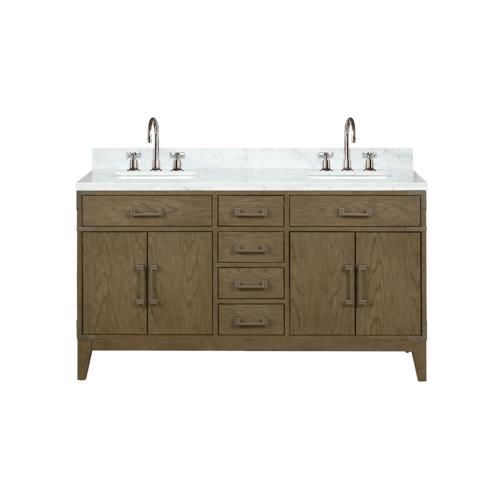 Laurel 60 in W x 22 in. D Grey Oak Double Bath Vanity, Carrara Marble Top, and Faucet Set