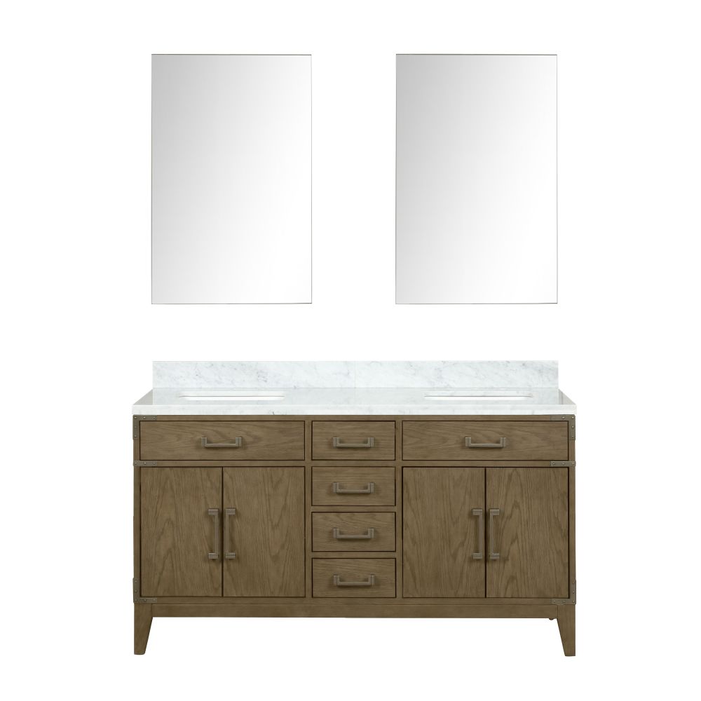 Laurel 60 in W x 22 in. D Grey Oak Double Bath Vanity, Carrara Marble Top, and 28 in Mirrors