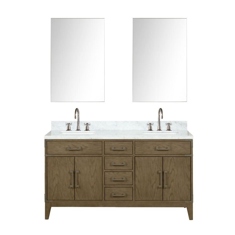 Laurel 60 in W x 22 in. D Grey Oak Double Bath Vanity, Carrara Marble Top, Faucet Set, and 28 in Mirrors