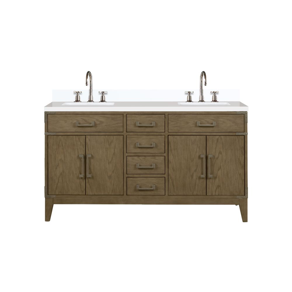 Laurel 60 in W x 22 in. D Grey Oak Double Bath Vanity, White Quartz Top, and Faucet Set