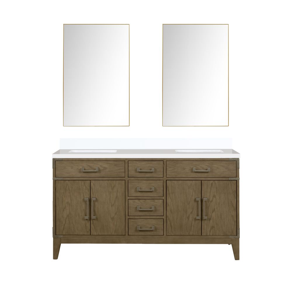 Laurel 60 in W x 22 in. D Grey Oak Double Bath Vanity, White Quartz Top, and 28 in Mirrors