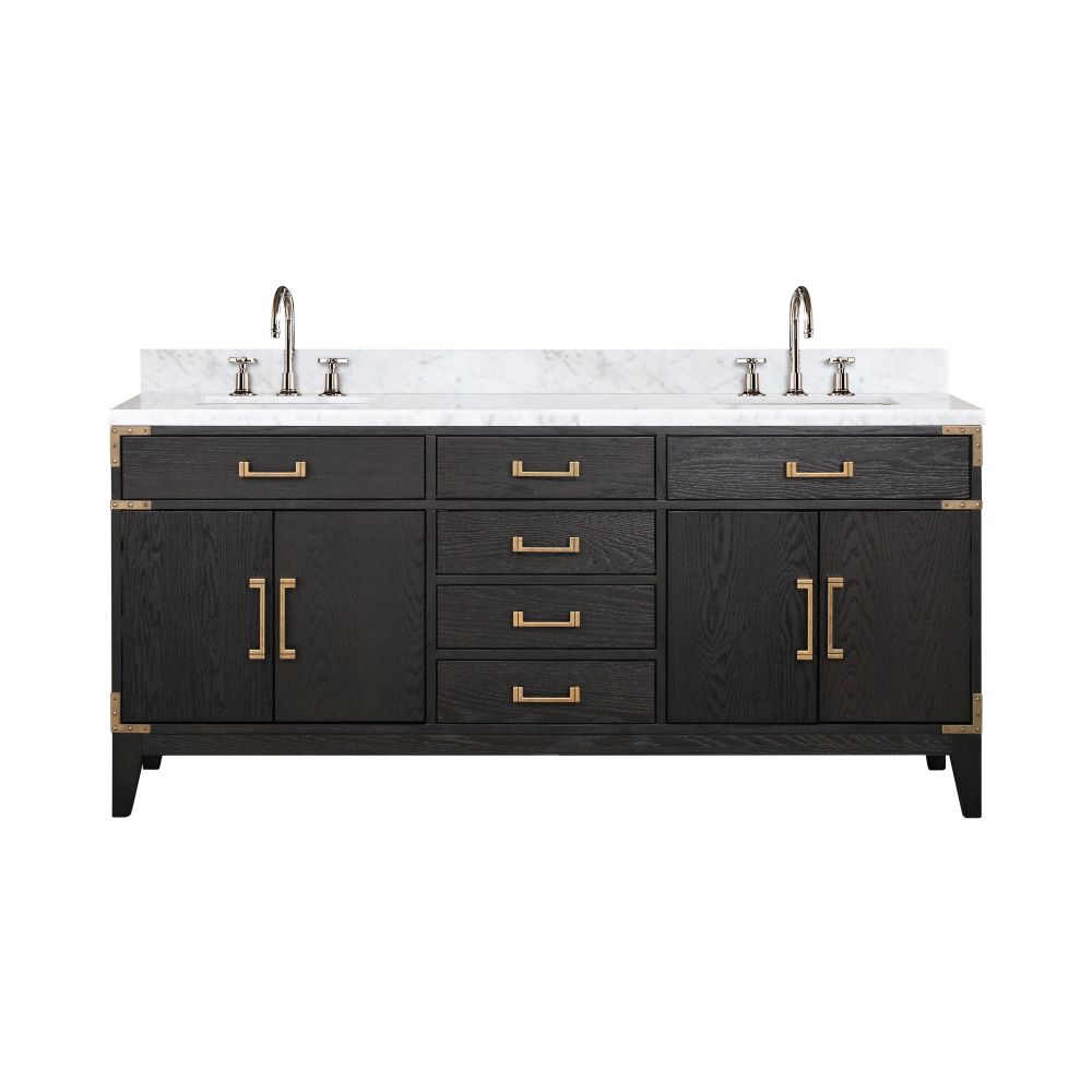 Laurel 72 in W x 22 in. D Black Oak Double Bath Vanity, Carrara Marble Top, and Faucet Set