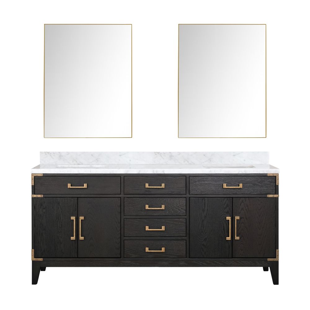 Laurel 72 in W x 22 in. D Black Oak Double Bath Vanity, Carrara Marble Top, and 34 in Mirrors