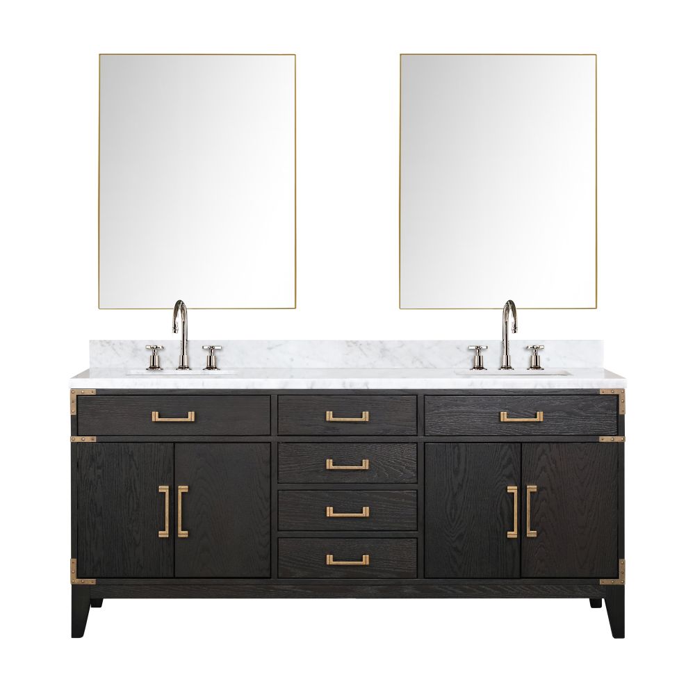 Laurel 72 in W x 22 in. D Black Oak Double Bath Vanity, Carrara Marble Top, Faucet Set, and 34 in Mirrors