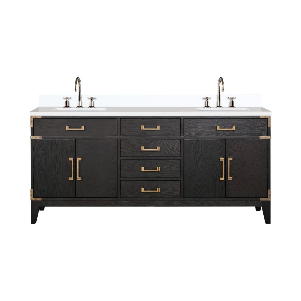 Laurel 72 in W x 22 in. D Black Oak Double Bath Vanity, White Quartz Top, and Faucet Set