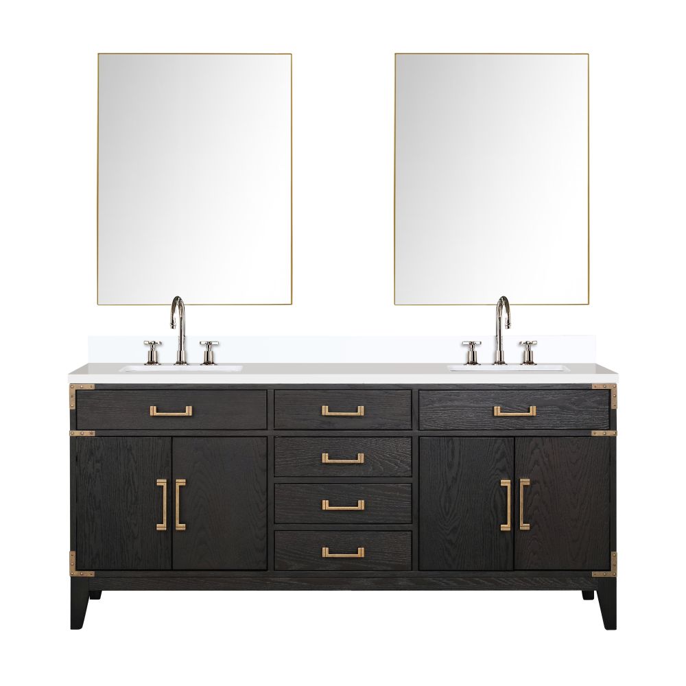 Laurel 72 in W x 22 in. D Black Oak Double Bath Vanity, White Quartz Top, Faucet Set, and 34 in Mirrors
