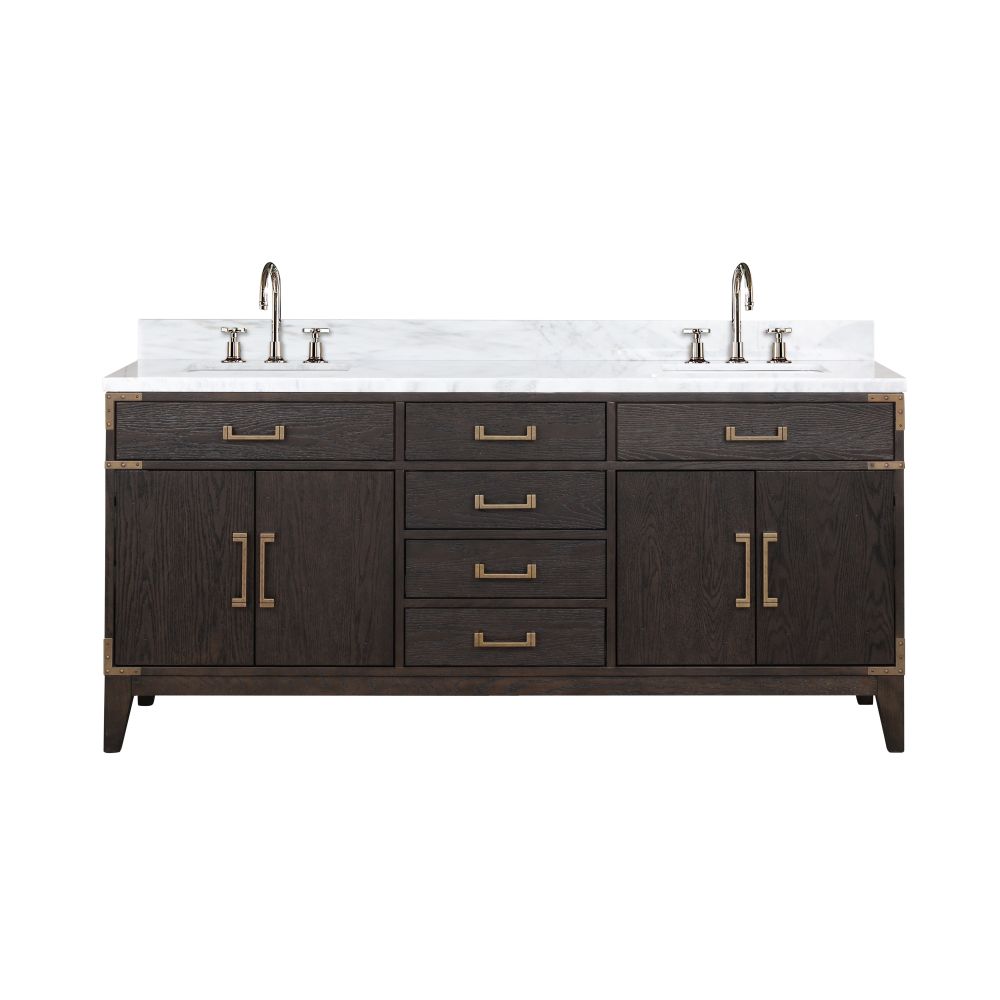 Laurel 72 in W x 22 in. D Brown Oak Double Bath Vanity, Carrara Marble Top, and Faucet Set