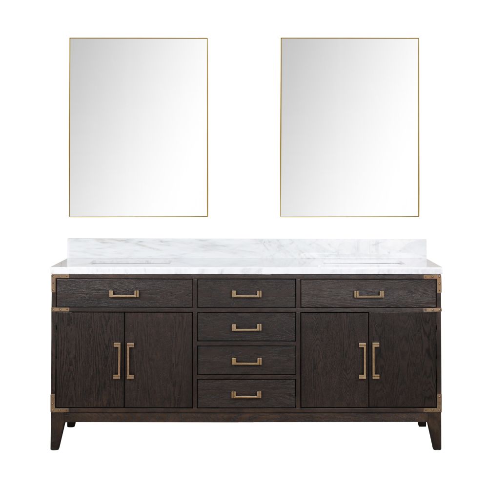 Laurel 72 in W x 22 in. D Brown Oak Double Bath Vanity, Carrara Marble Top, and 34 in Mirrors
