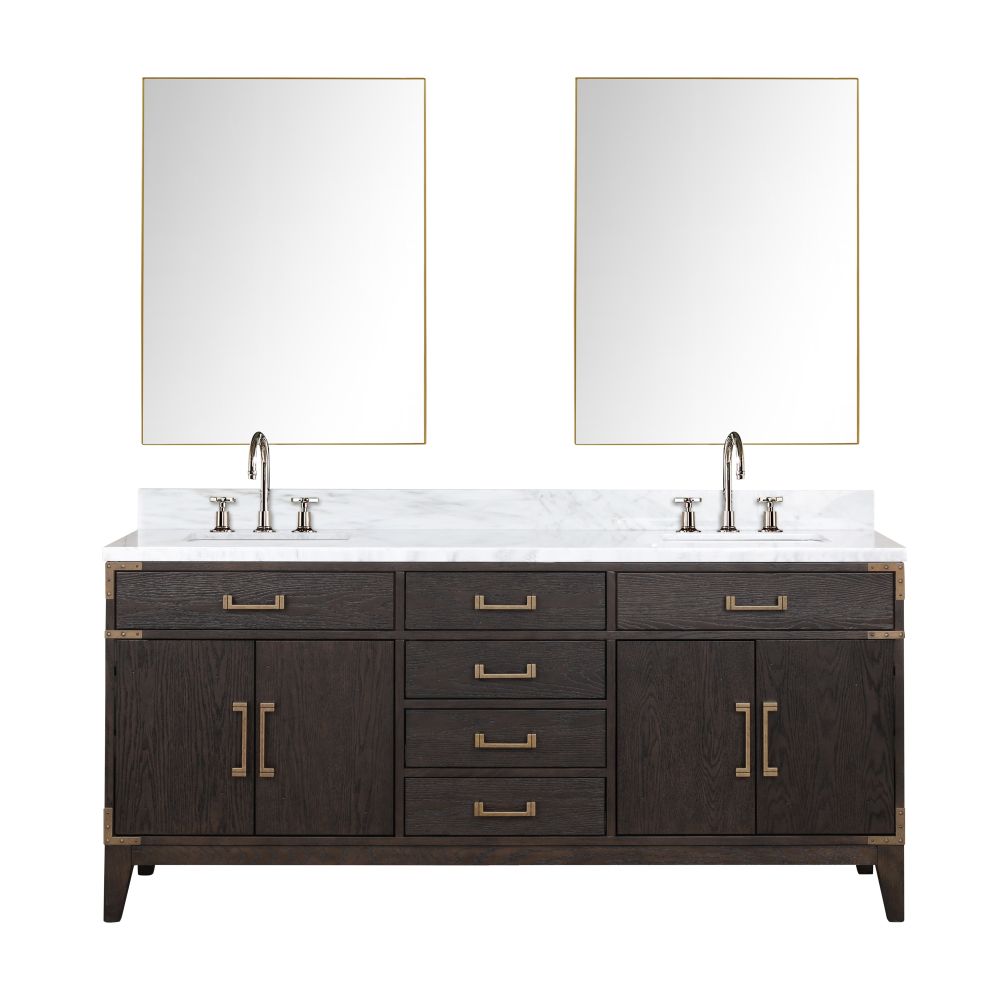 Laurel 72 in W x 22 in. D Brown Oak Double Bath Vanity, Carrara Marble Top, Faucet Set, and 34 in Mirrors
