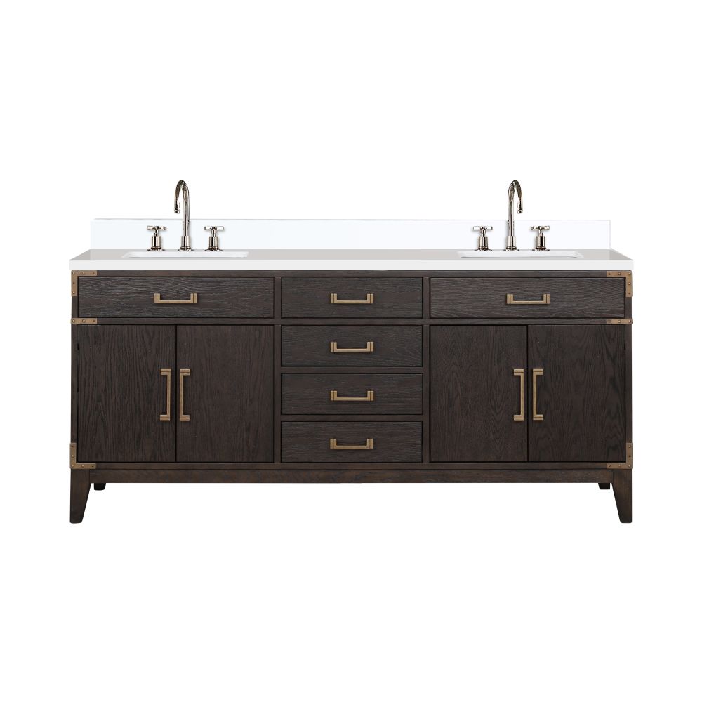Laurel 72 in W x 22 in. D Brown Oak Double Bath Vanity, White Quartz Top, and Faucet Set