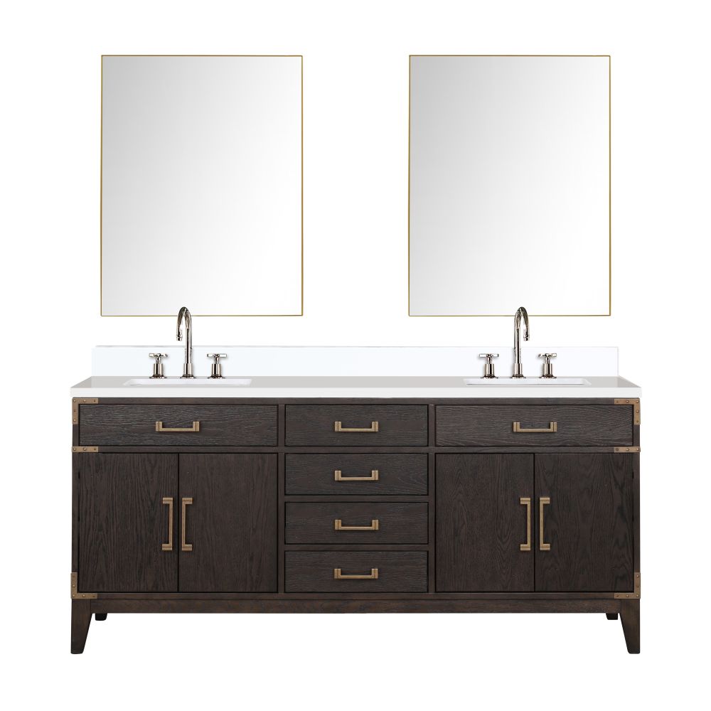 Laurel 72 in W x 22 in. D Brown Oak Double Bath Vanity, White Quartz Top, Faucet Set, and 34 in Mirrors