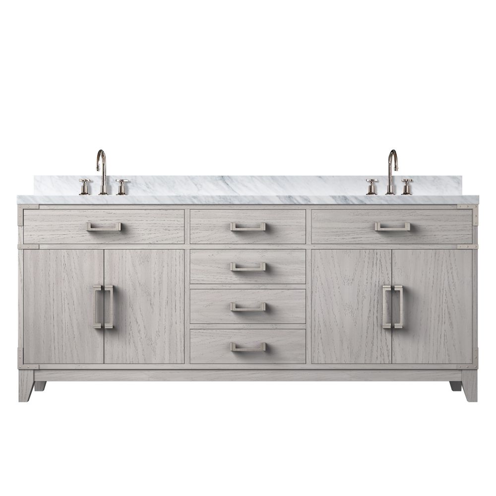 Laurel 72 in W x 22 in. D White Oak Double Bath Vanity, Carrara Marble Top, and Faucet Set