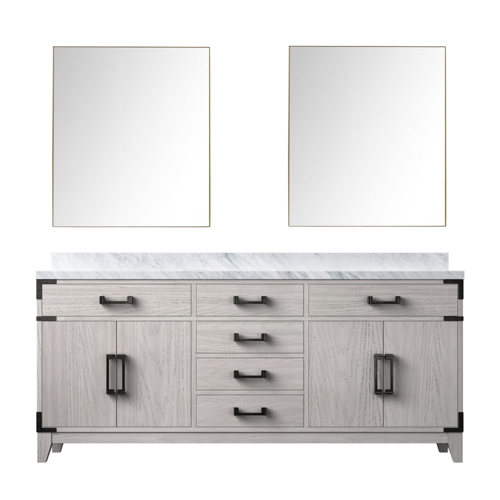 Laurel 72 in W x 22 in. D White Oak Double Bath Vanity, Carrara Marble Top, and 34 in Mirrors