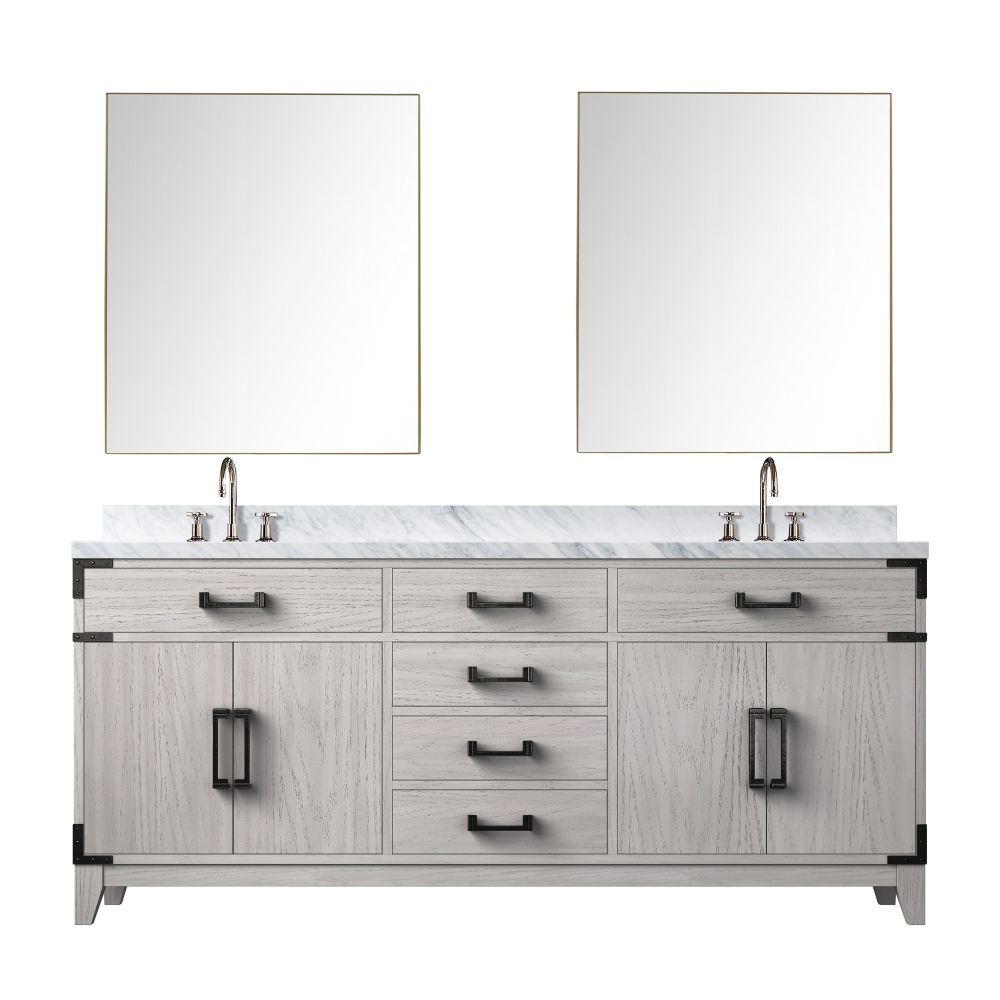 Laurel 72 in W x 22 in. D White Oak Double Bath Vanity, Carrara Marble Top, Faucet Set, and 34 in Mirrors