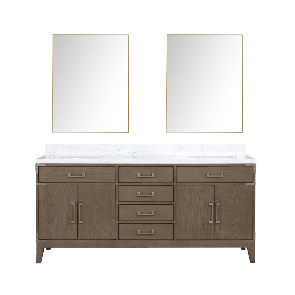 Laurel 72 in W x 22 in. D Grey Oak Double Bath Vanity, Carrara Marble Top, and 34 in Mirrors