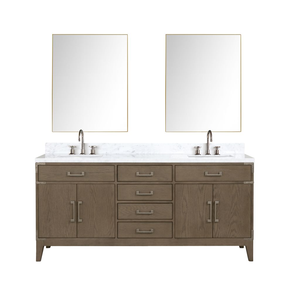 Laurel 72 in W x 22 in. D Grey Oak Double Bath Vanity, Carrara Marble Top, Faucet Set, and 34 in Mirrors