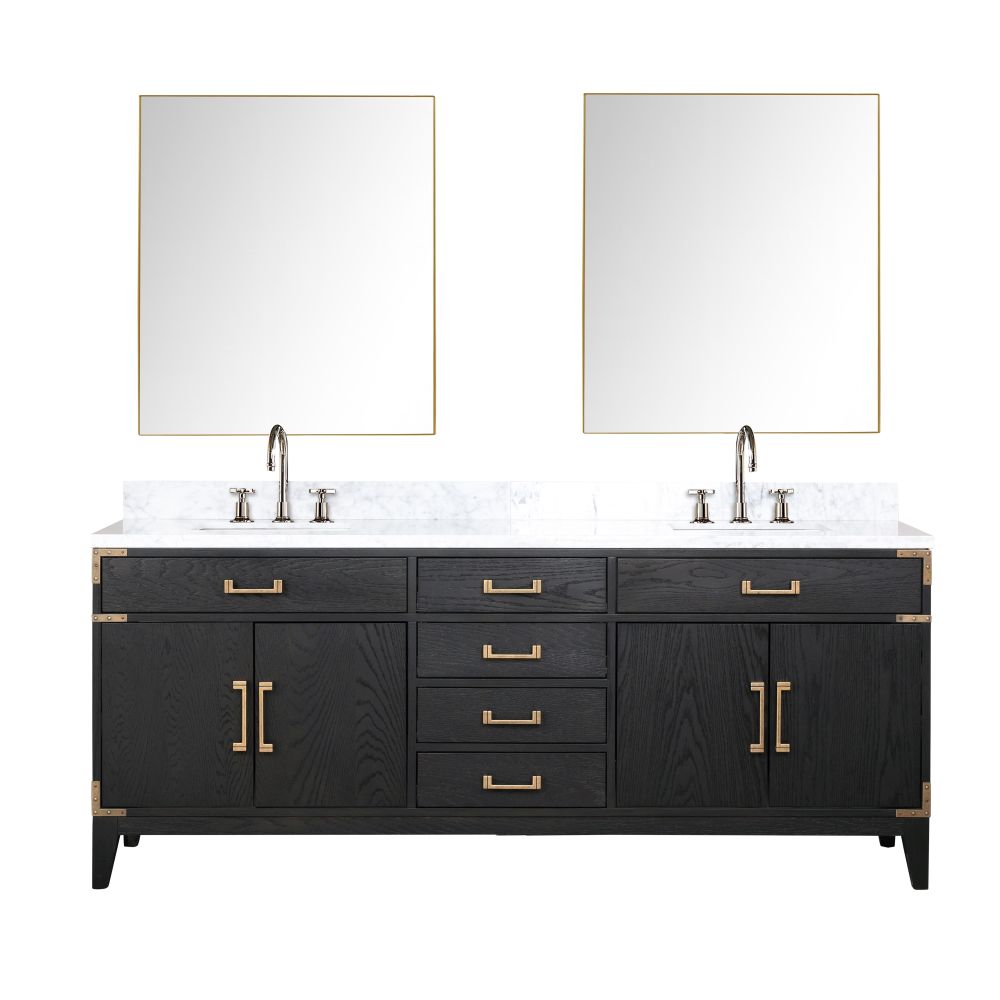 Laurel 80 in W x 22 in. D Black Oak Double Bath Vanity, Carrara Marble Top, Faucet Set, and 36 in Mirrors