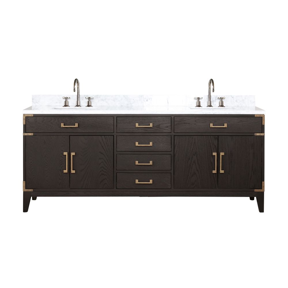 Laurel 80 in W x 22 in. D Brown Oak Double Bath Vanity, Carrara Marble Top, and Faucet Set