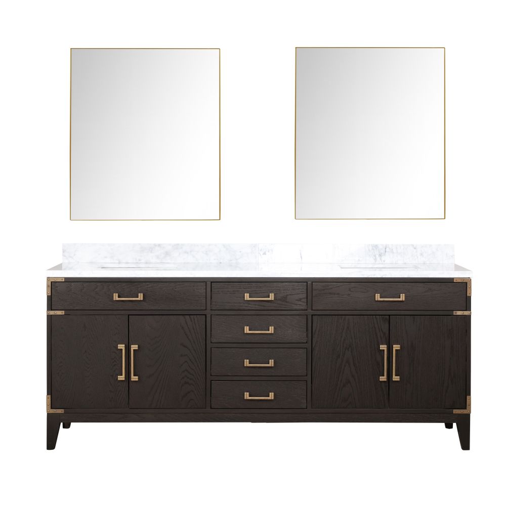 Laurel 80 in W x 22 in. D Brown Oak Double Bath Vanity, Carrara Marble Top, and 36 in Mirrors