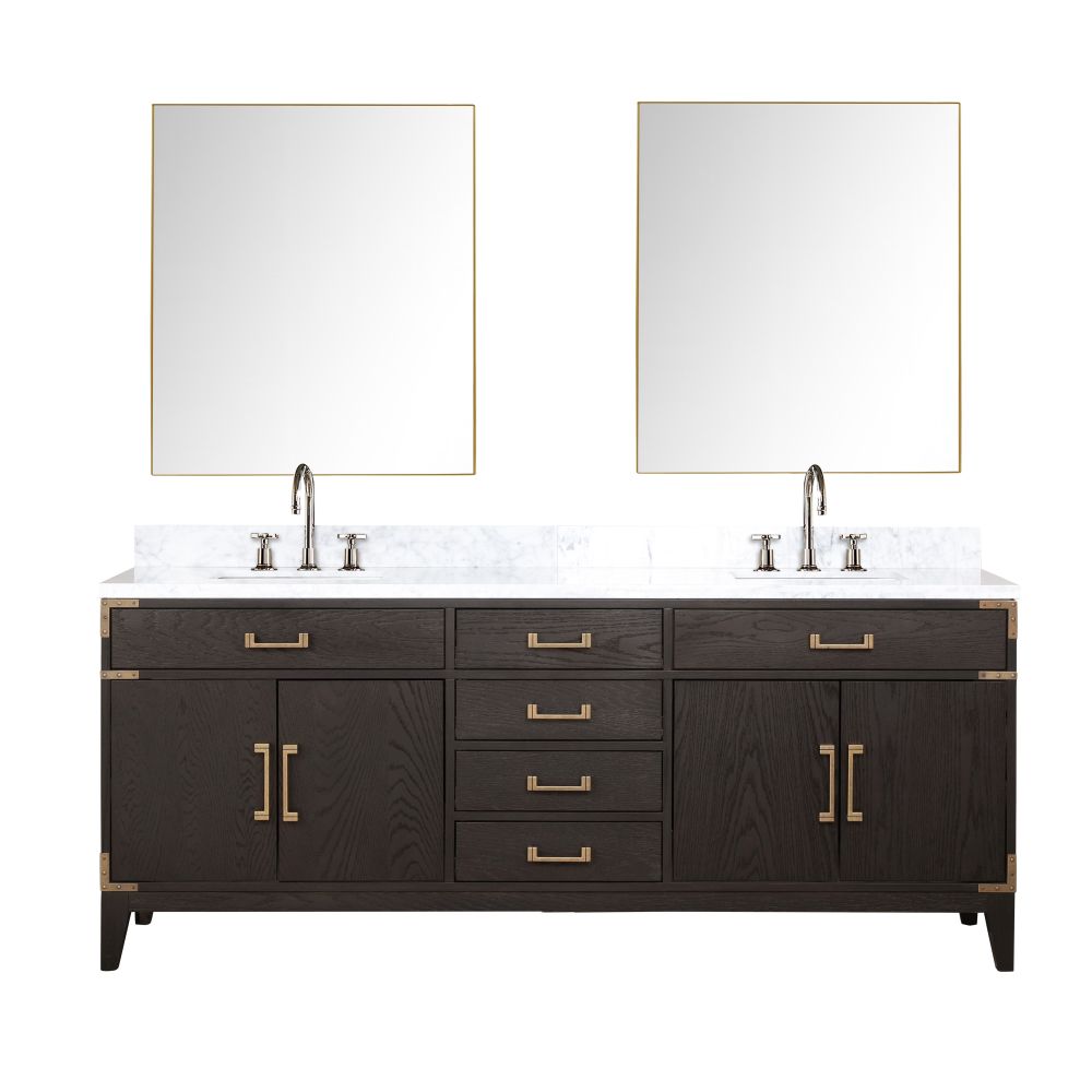 Laurel 80 in W x 22 in. D Brown Oak Double Bath Vanity, Carrara Marble Top, Faucet Set, and 36 in Mirrors