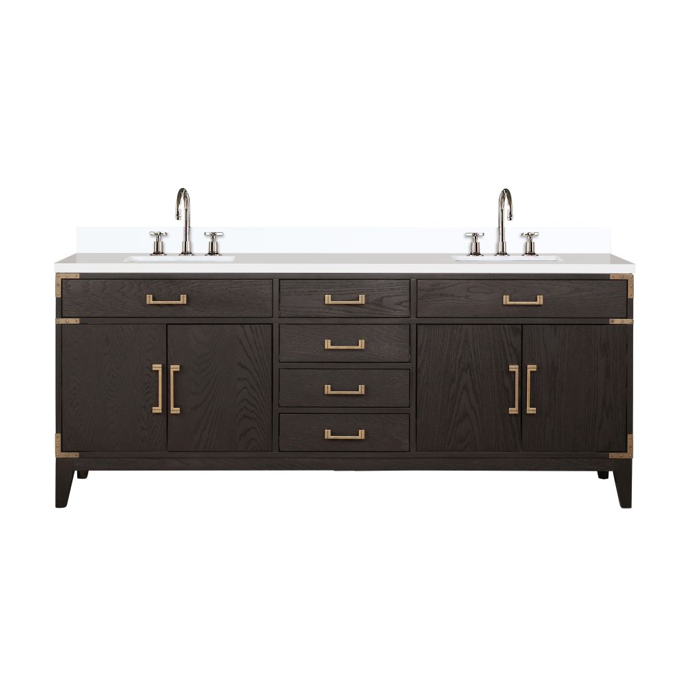 Laurel 80 in W x 22 in. D Brown Oak Double Bath Vanity, White Quartz Top, and Faucet Set