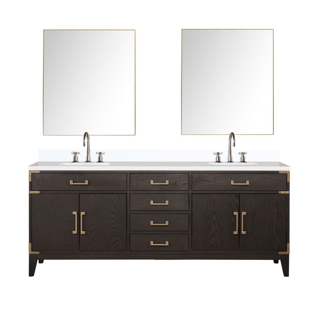 Laurel 80 in W x 22 in. D Brown Oak Double Bath Vanity, White Quartz Top, Faucet Set, and 36 in Mirrors