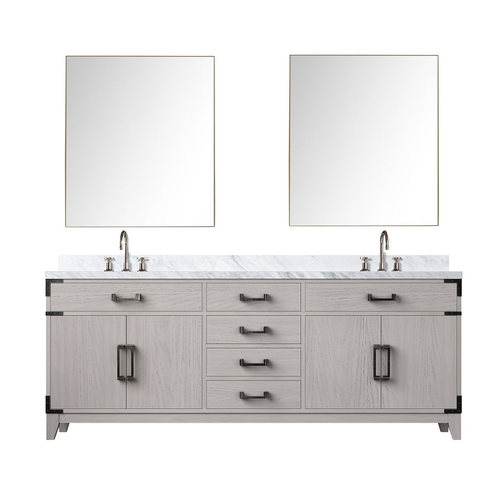 Laurel 80 in W x 22 in. D White Oak Double Bath Vanity, Carrara Marble Top, Faucet Set, and 36 in Mirrors