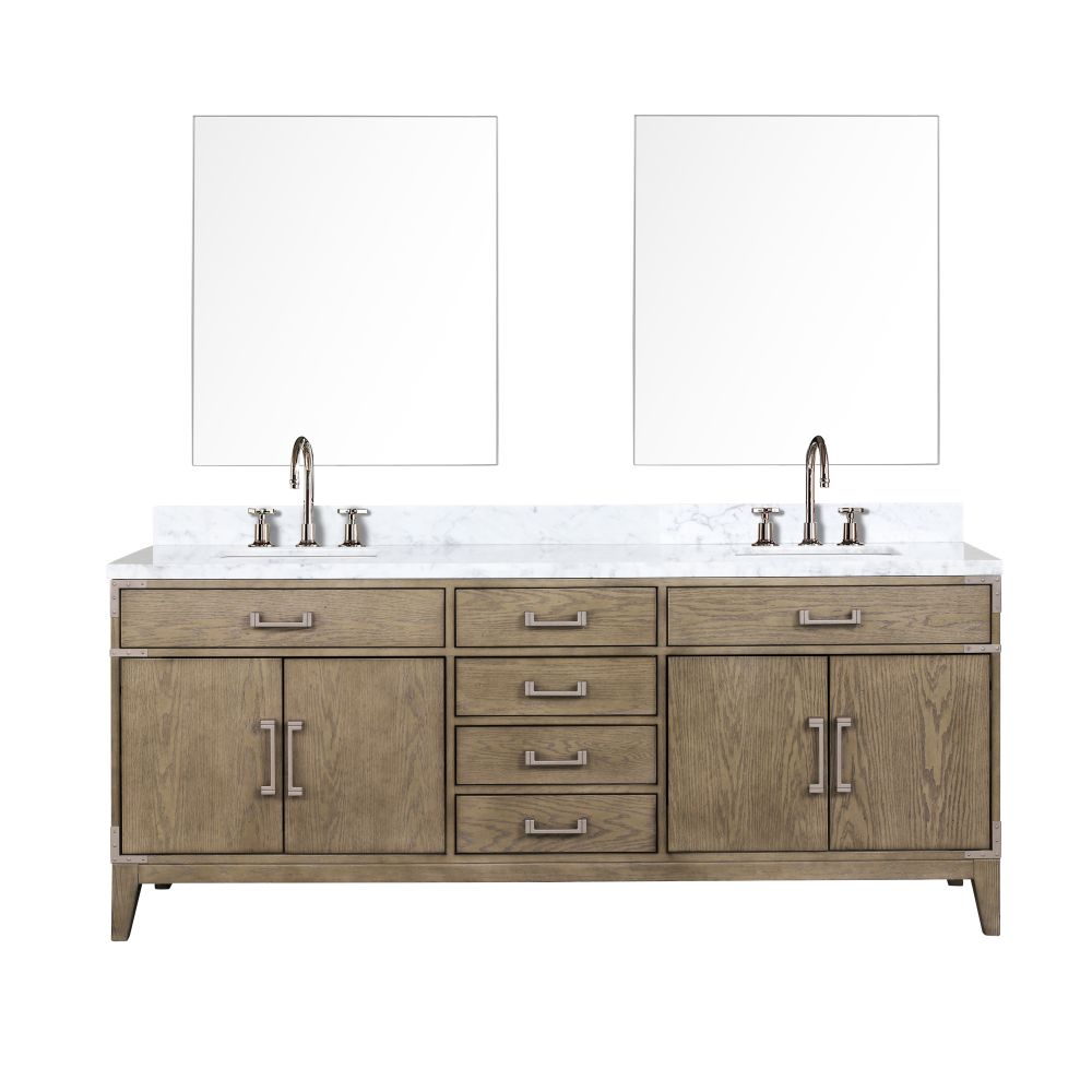Laurel 80 in W x 22 in. D Grey Oak Double Bath Vanity, Carrara Marble Top, Faucet Set, and 36 in Mirrors