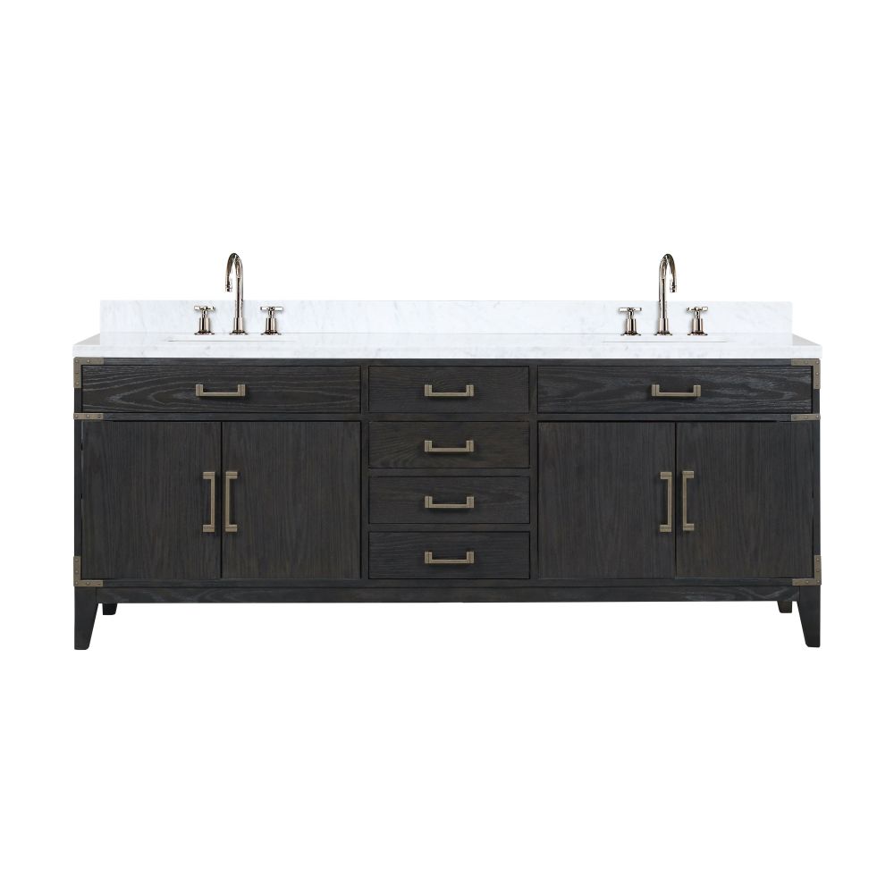 Laurel 84 in W x 22 in. D Black Oak Double Bath Vanity, Carrara Marble Top, and Faucet Set
