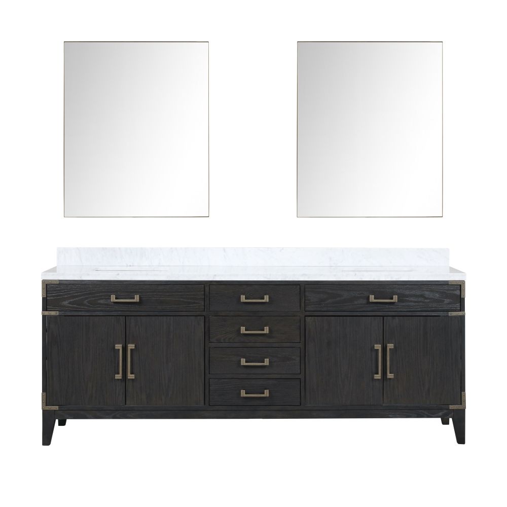 Laurel 84 in W x 22 in. D Black Oak Double Bath Vanity, Carrara Marble Top, and 36 in Mirrors