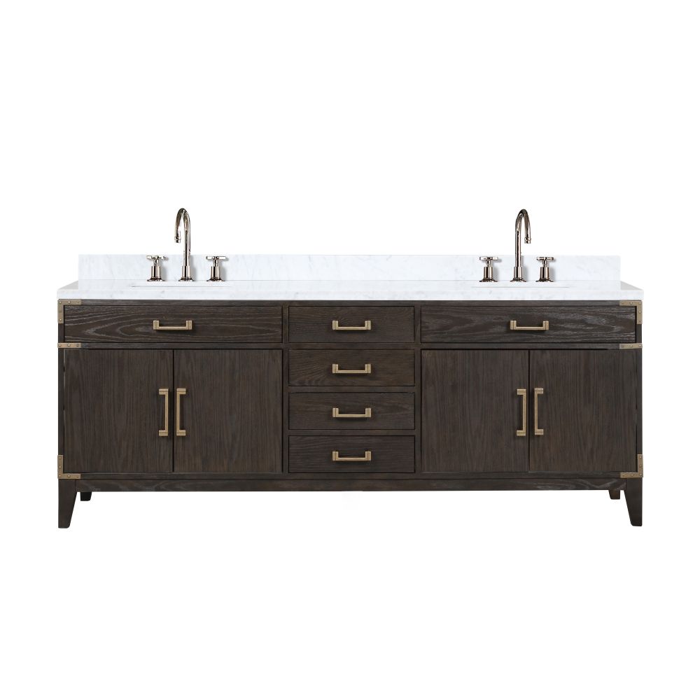 Laurel 84 in W x 22 in. D Brown Oak Double Bath Vanity, Carrara Marble Top, and Faucet Set
