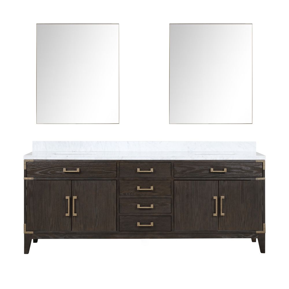 Laurel 84 in W x 22 in. D Brown Oak Double Bath Vanity, Carrara Marble Top, and 36 in Mirrors