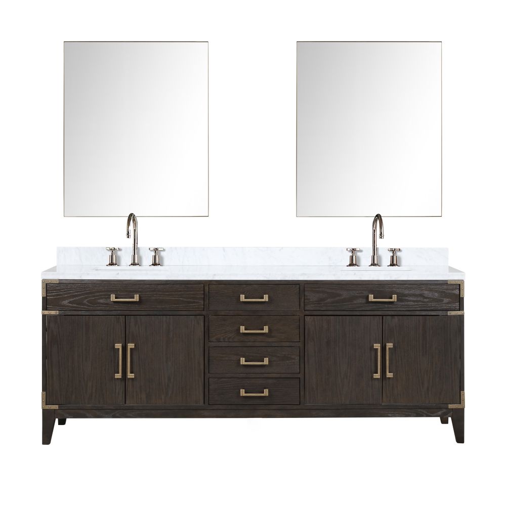 Laurel 84 in W x 22 in. D Brown Oak Double Bath Vanity, Carrara Marble Top, Faucet Set, and 36 in Mirrors