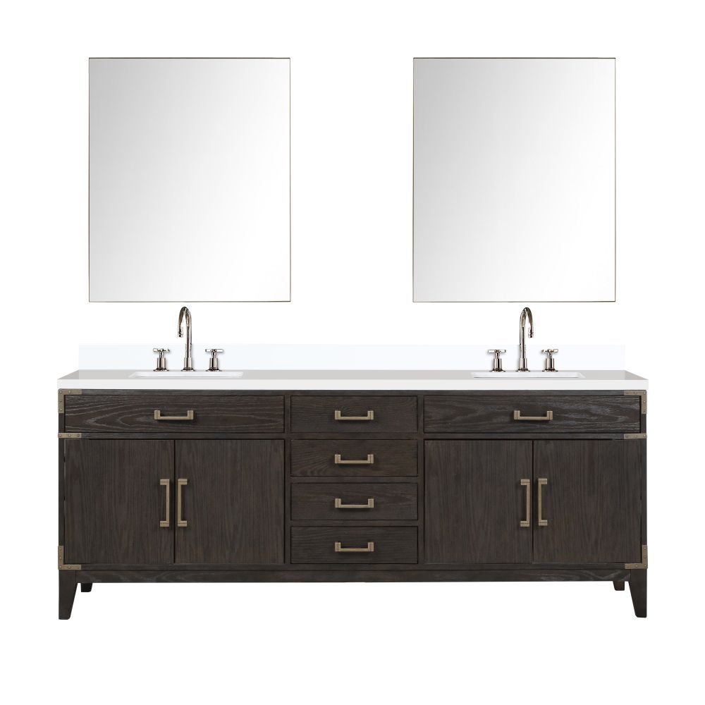 Laurel 84 in W x 22 in. D Brown Oak Double Bath Vanity, White Quartz Top, Faucet Set, and 36 in Mirrors