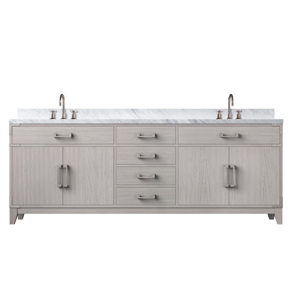Laurel 84 in W x 22 in. D White Oak Double Bath Vanity, Carrara Marble Top, and Faucet Set