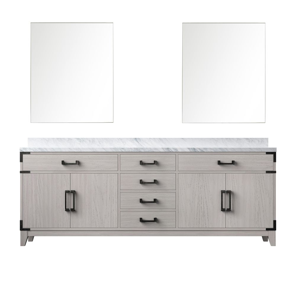 Laurel 84 in W x 22 in. D White Oak Double Bath Vanity, Carrara Marble Top, and 36 in Mirrors