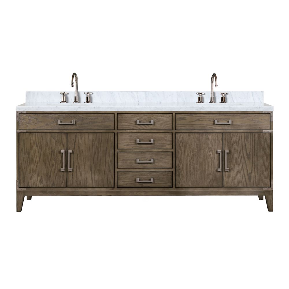 Laurel 84 in W x 22 in. D Grey Oak Double Bath Vanity, Carrara Marble Top, and Faucet Set