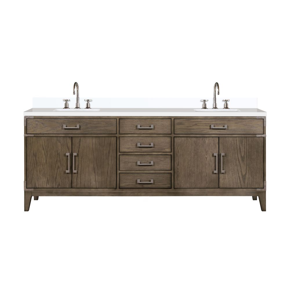 Laurel 84 in W x 22 in. D Grey Oak Double Bath Vanity, White Quartz Top, and Faucet Set