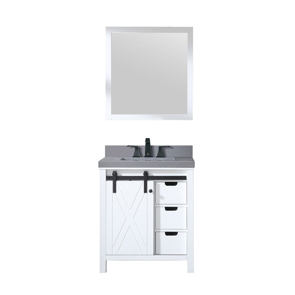 Marsyas 30 in W x 22 in. D White Bath Vanity, Grey Quartz Countertop, Faucet Set and 28 in Mirror