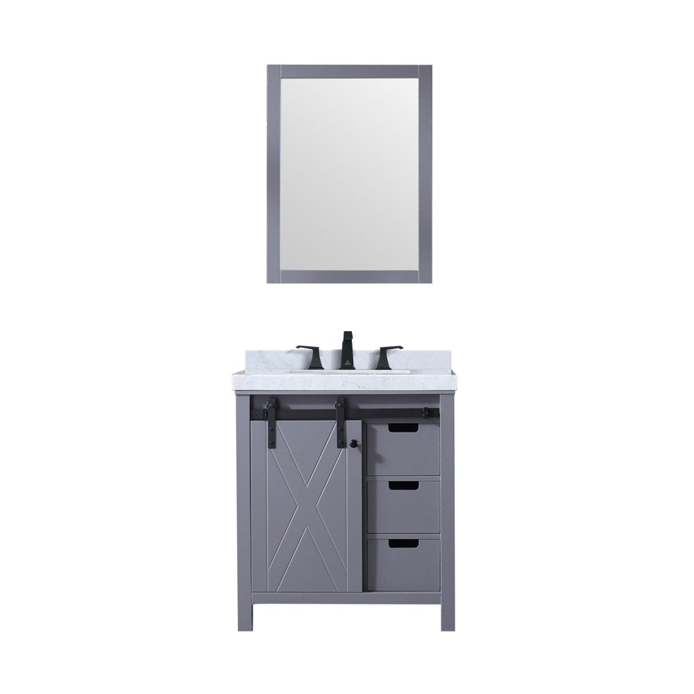Marsyas 30 in W x 22 in. D Dark Grey Bath Vanity, Carrara Marble Countertop, Faucet Set and 28 in Mirror